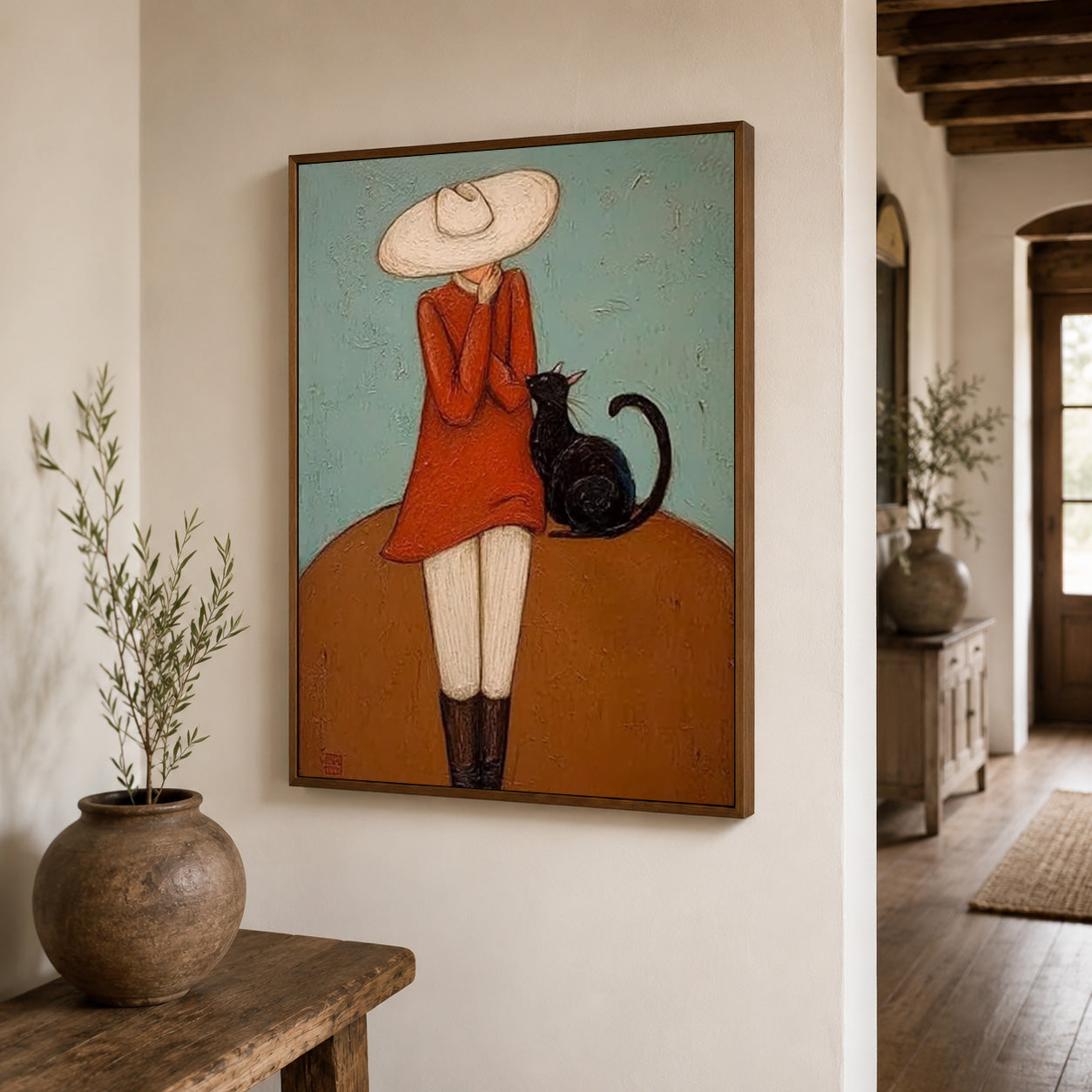 Vintage Lady With Black Cat Painting Textured Wabi Sabi Wall Art For Living Room Decor