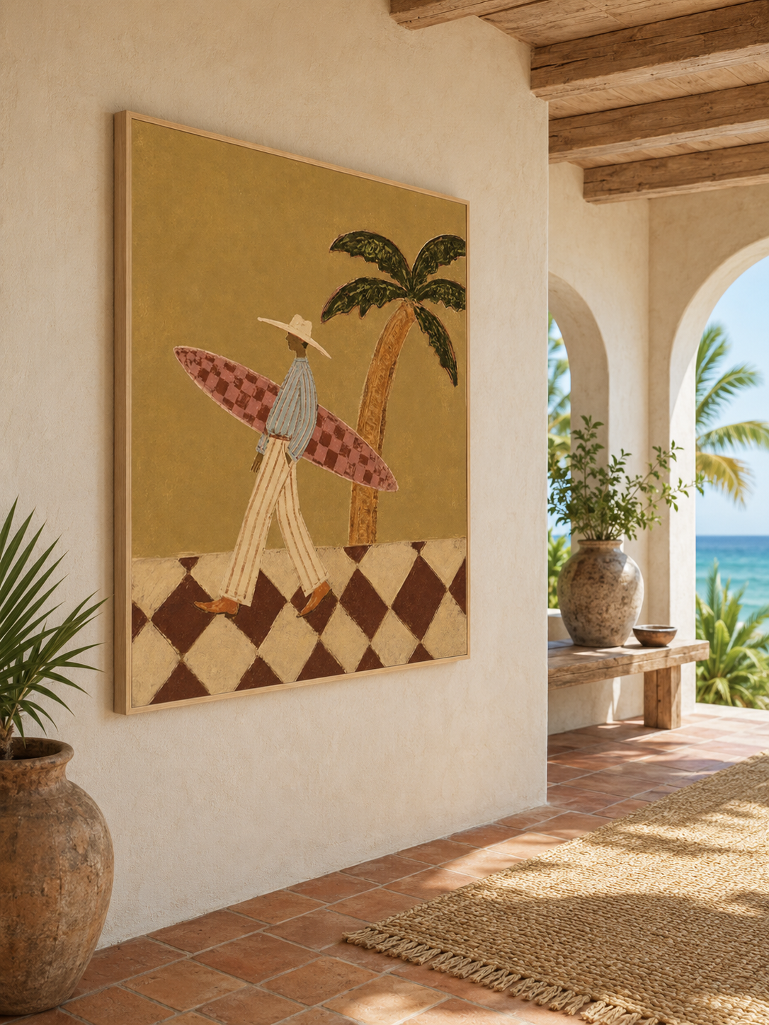 Vintage Surfer Painting With Checkerboard Board For Coastal Living Room Wall Art Decor