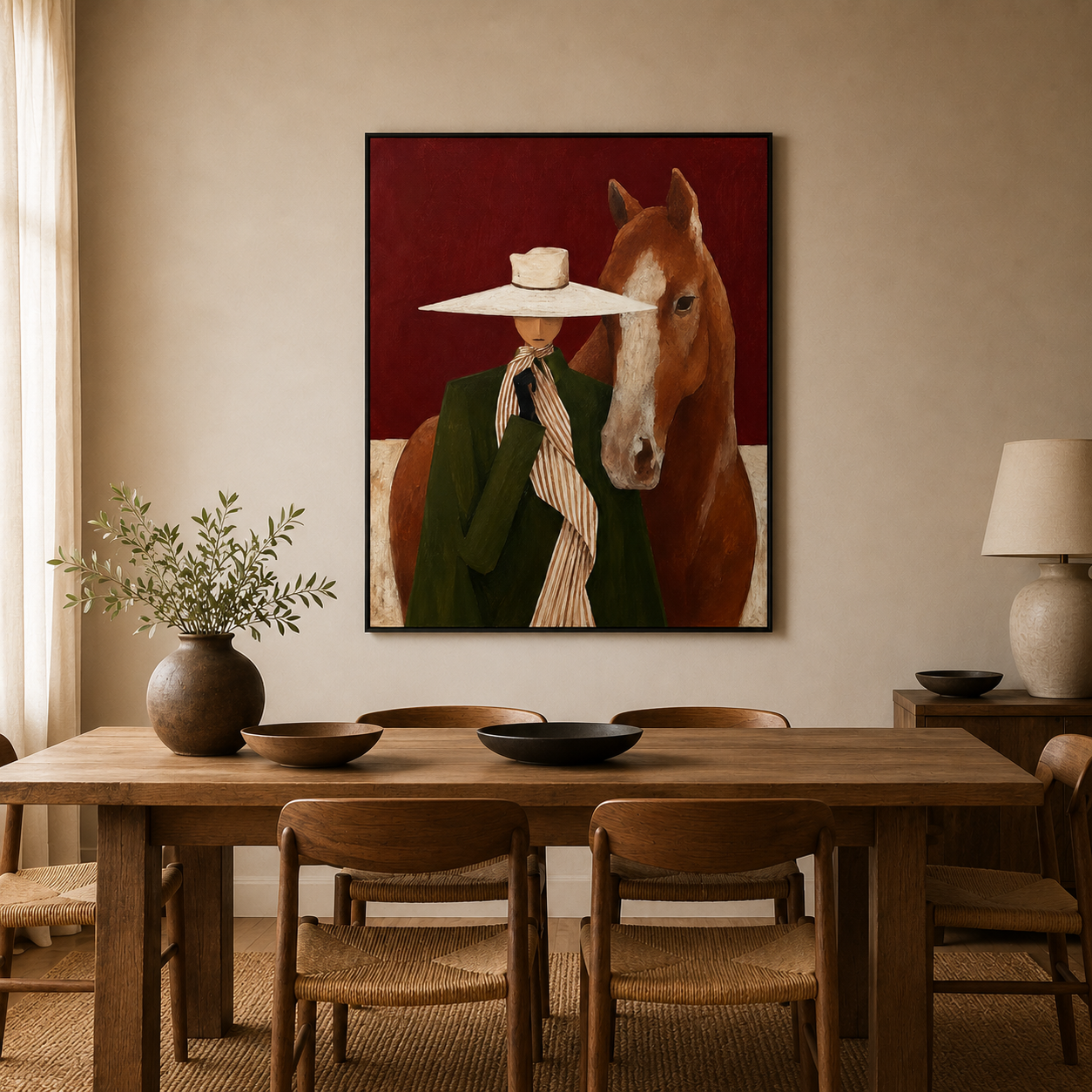 Modern Figurative Oil Painting Of Lady In Hat And Horse Unique Wall Art For Entryway And Hallway
