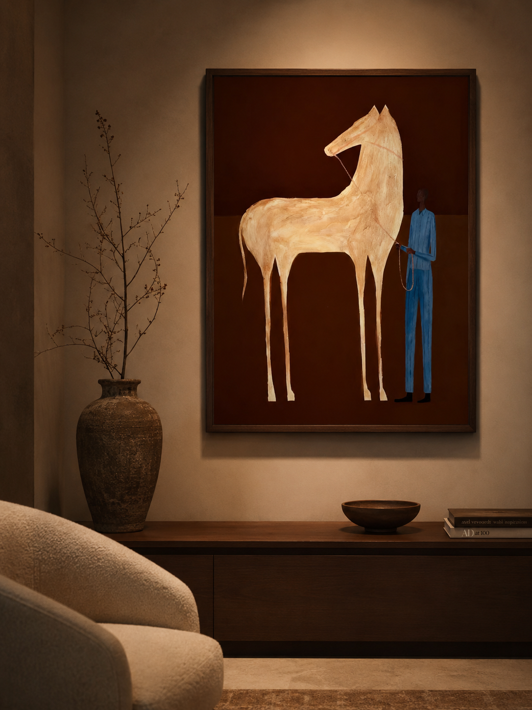 Vintage Horse Artwork Elongated Figure Painting Brown Beige Wall Decor