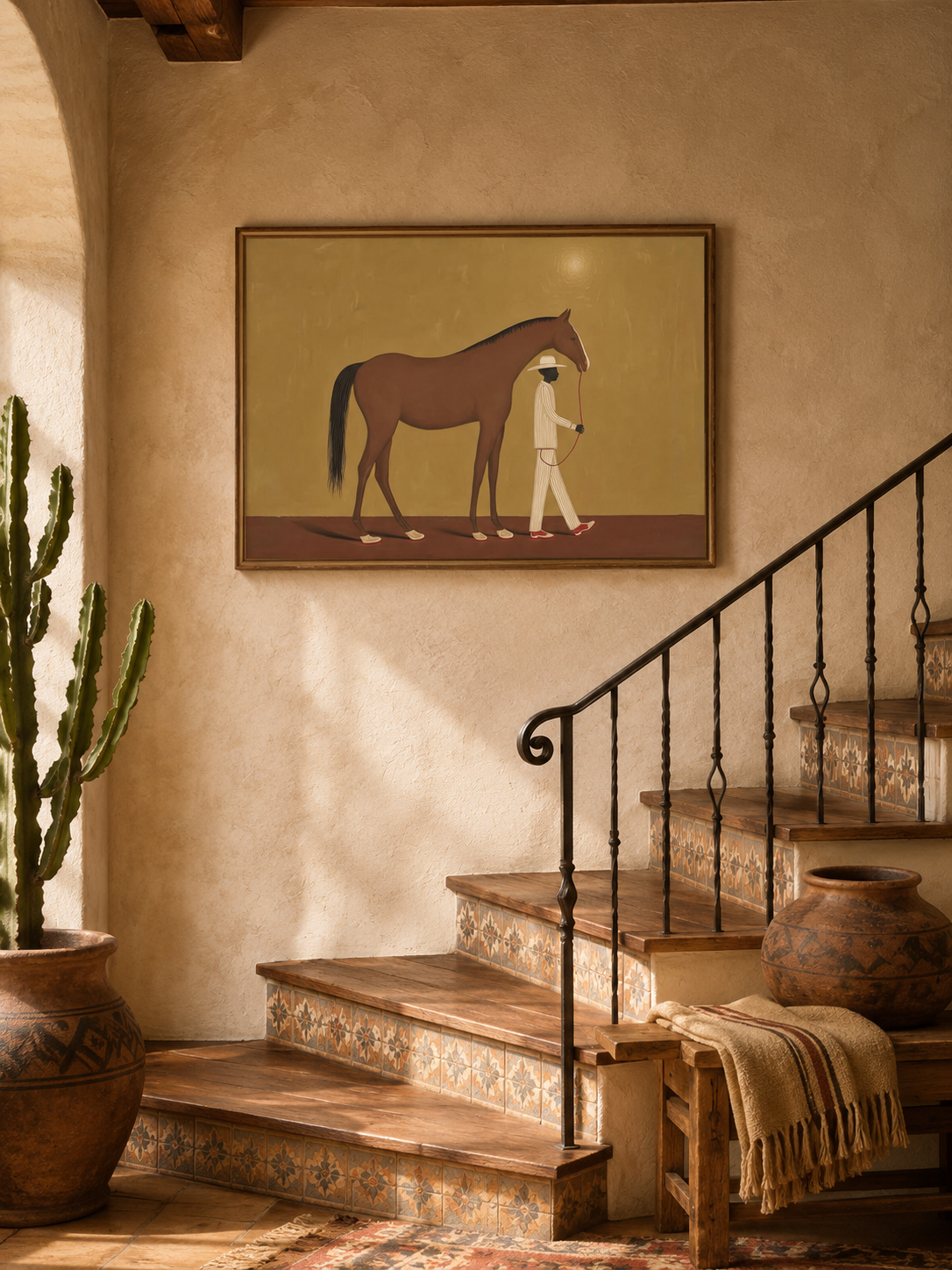 Warm Ochre Decor Figurative Art Man Leading Horse Original Oil Painting Style