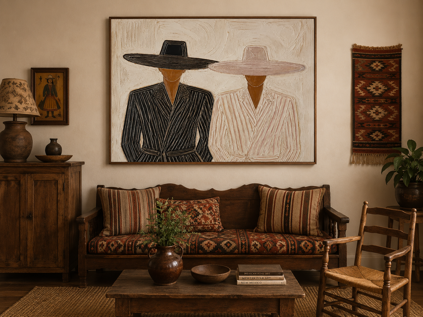 Minimalist Figure Painting With Hats For Modern Living Room Decor In Beige And Black
