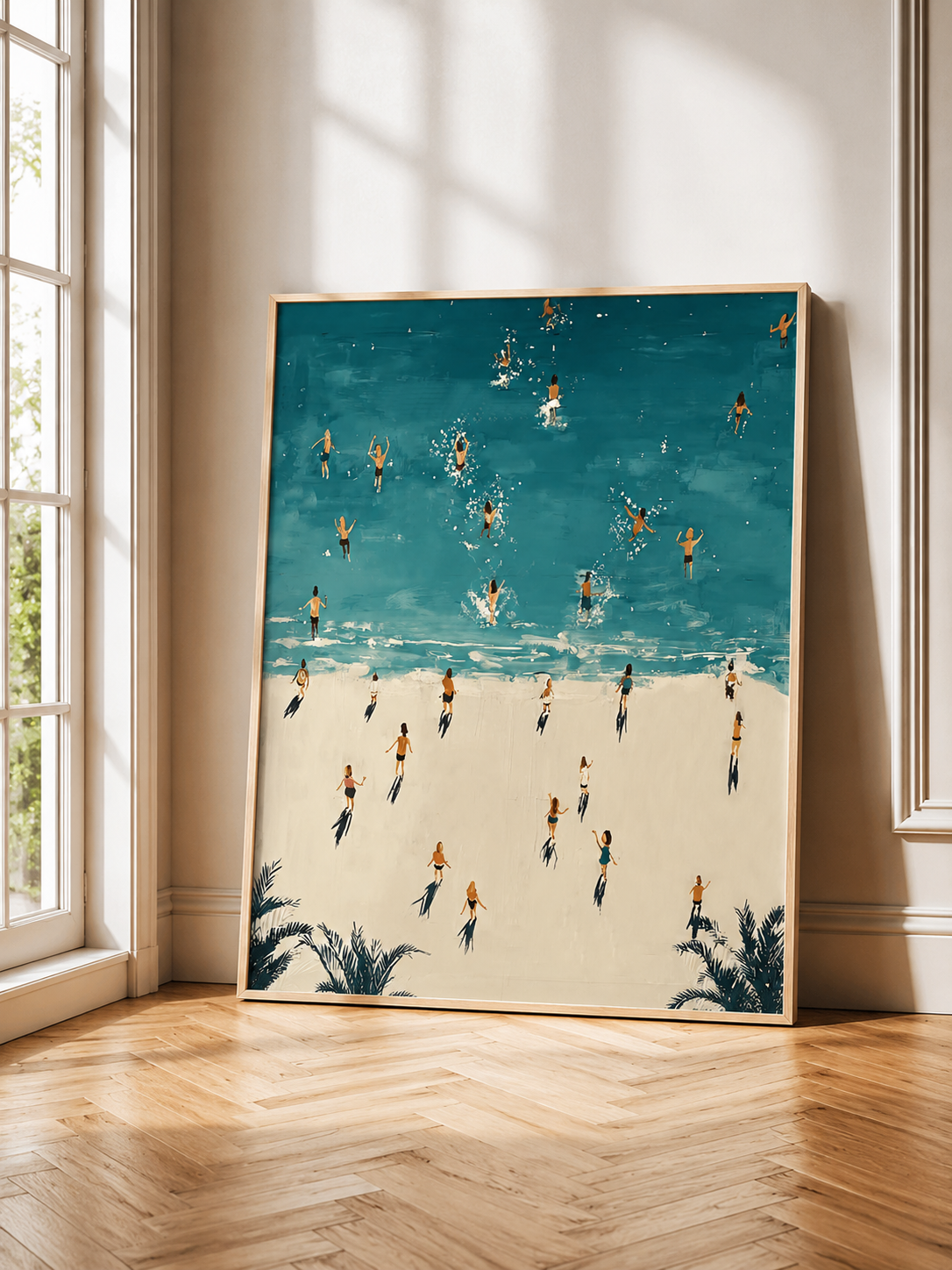 Minimalist Beach Painting With Figures And Shadows For Modern Home Decor