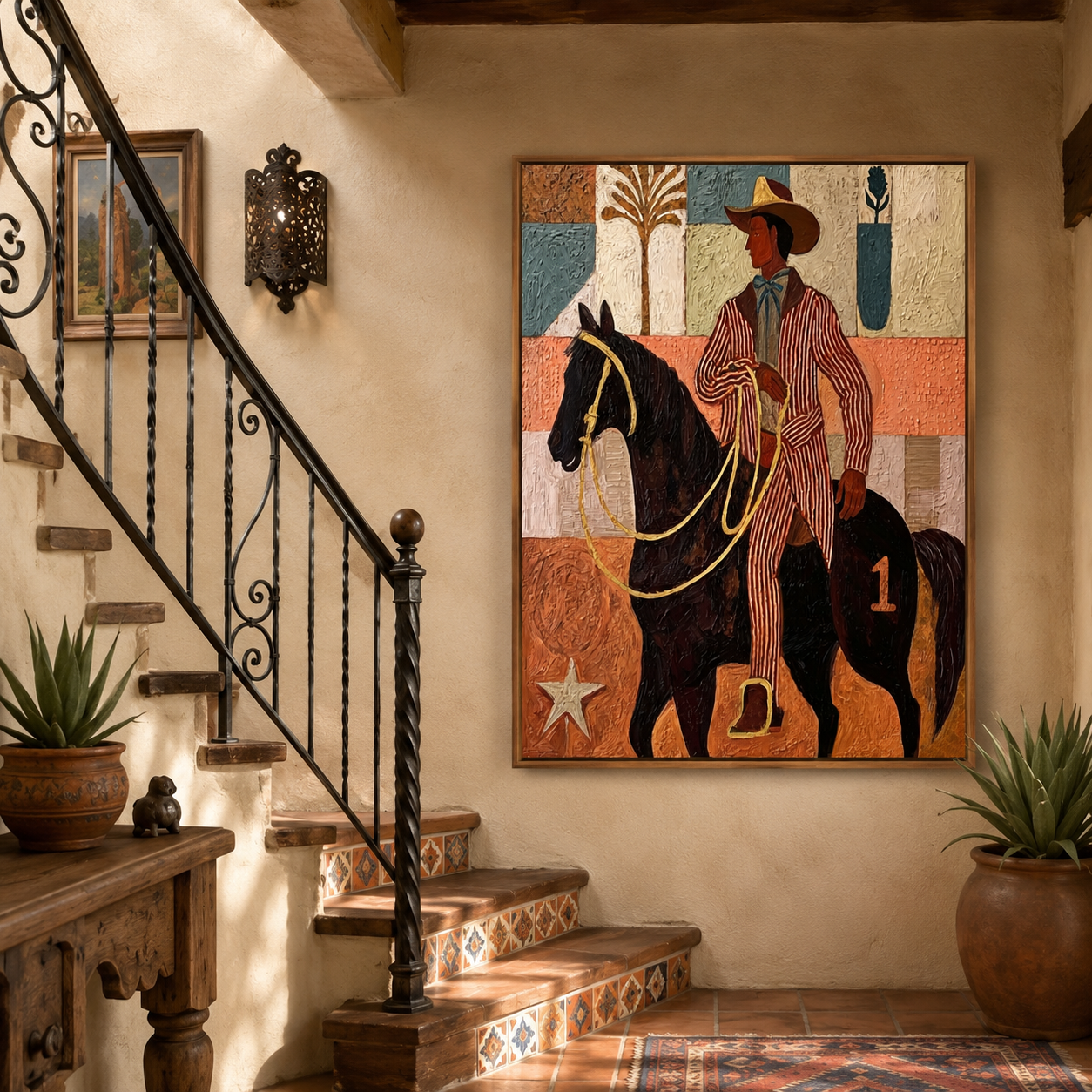 Vintage Cowboy Painting On Horse With Textured Canvas For Western Home Decor
