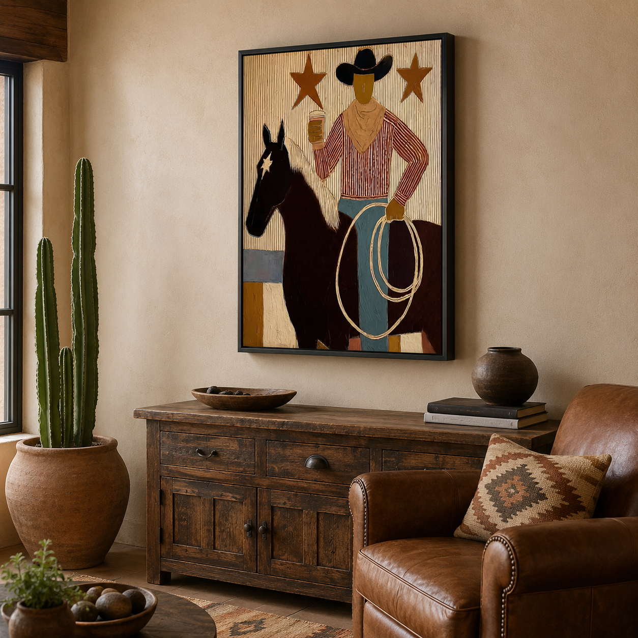 Folk Cowboy Painting With Horse And Lasso For Rustic Wall Decor