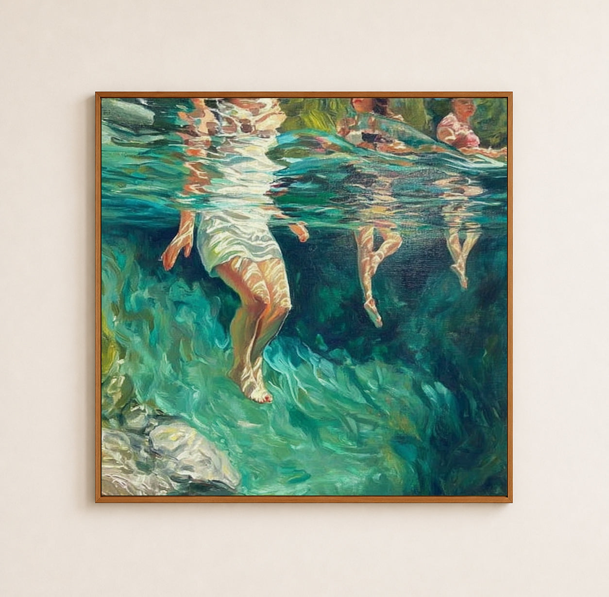 Summer Stream Oil Painting With Submerged Figures For Modern Home Decor