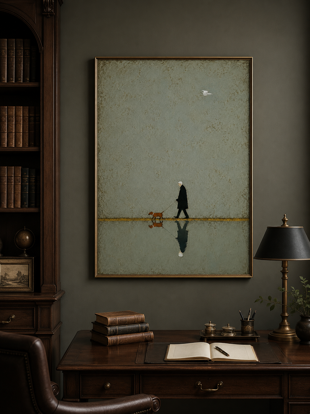 Abstract Figurative Painting Of Owner And Pet In Square Format With Sage Green Tones For Office