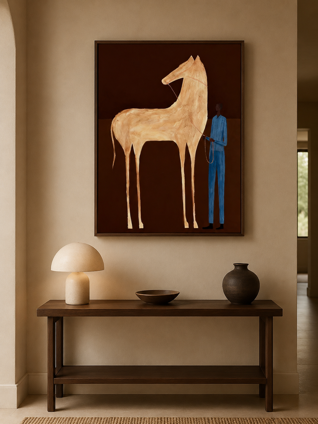 Vintage Horse Artwork Elongated Figure Painting Brown Beige Wall Decor