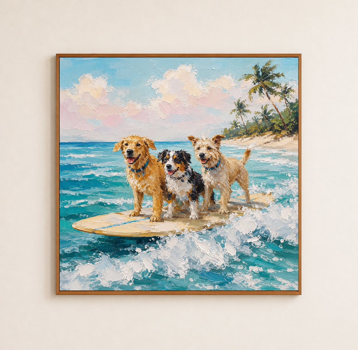 Fun Surfing Dogs Oil Painting For Pet Lovers Beach Themed Wall Art