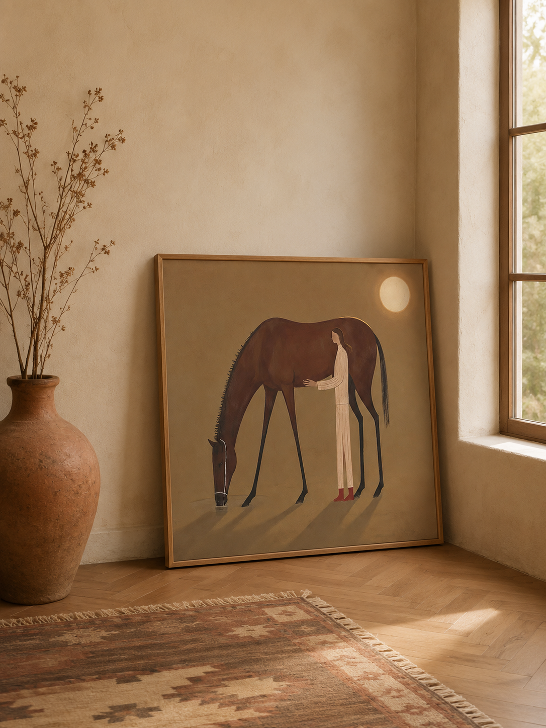 Wabi Sabi Girl And Horse Painting With Moonlight Earth Tones For Cozy Living Room Decor