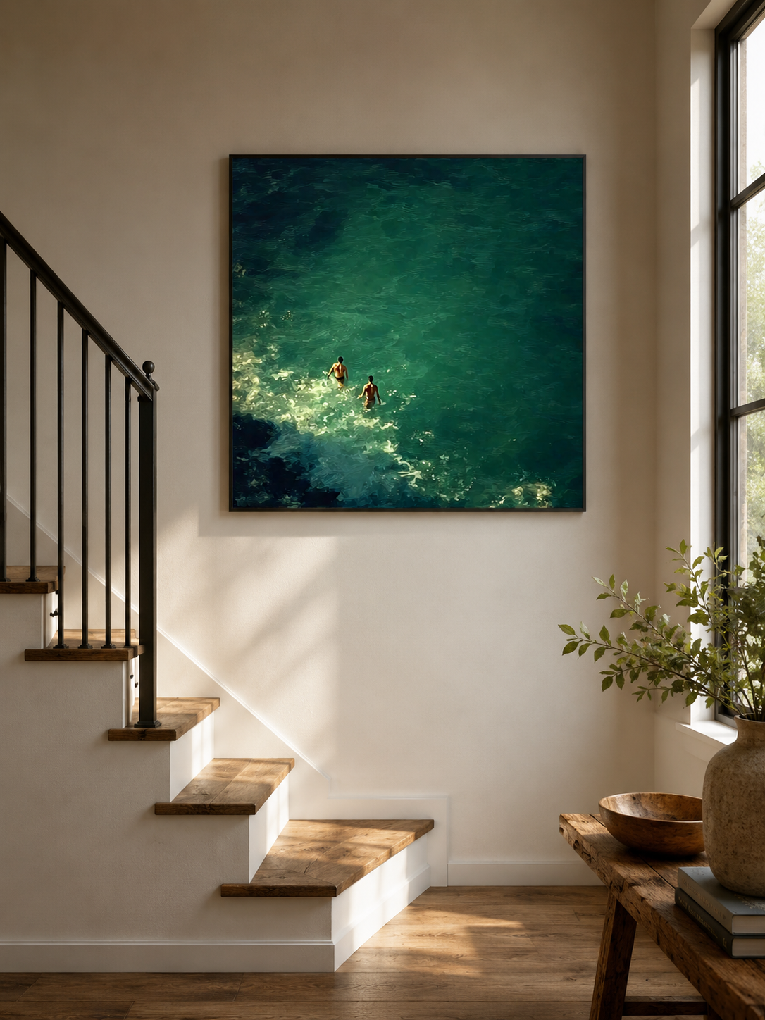 Emerald Green Ocean Painting Impressionist Swimmers Vintage Coastal Canvas Art For Living Room