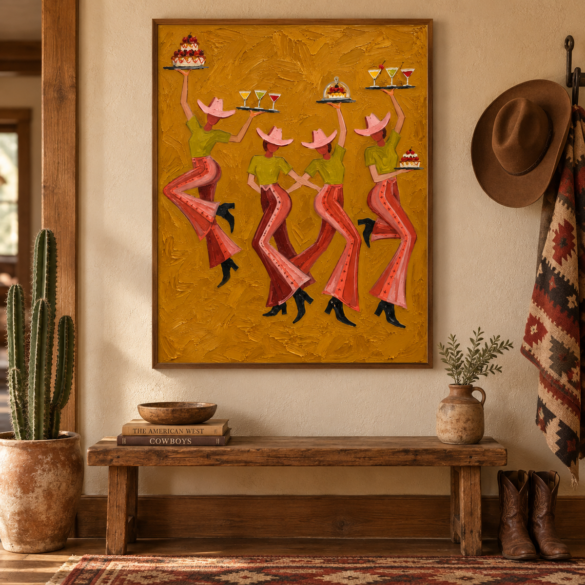 Vintage Cowgirl Party Canvas Painting With Cocktails And Cakes For Rustic Decor