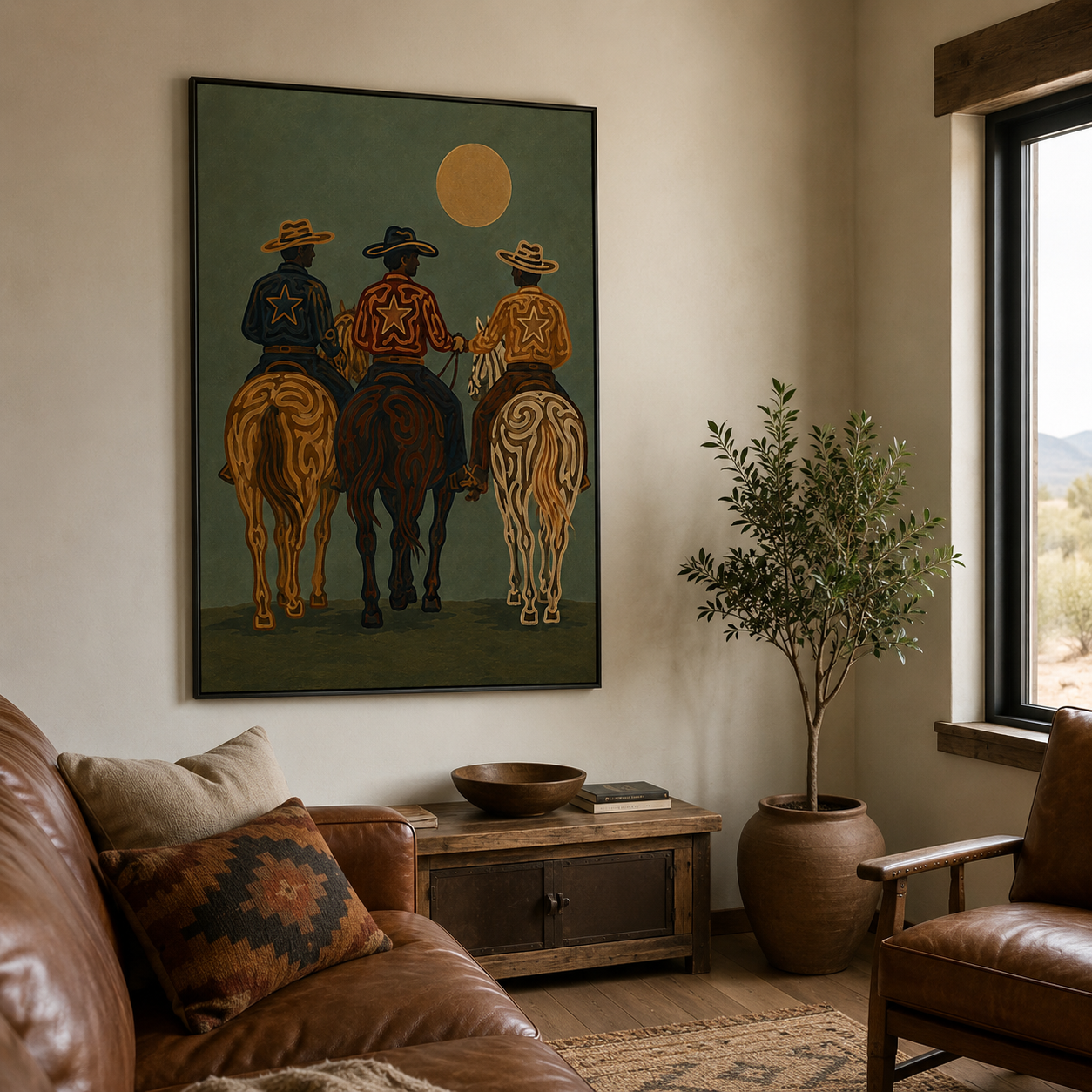 Three Cowboys Painting, Western Horse Riders, Rustic Southwestern Ranch Wall Art