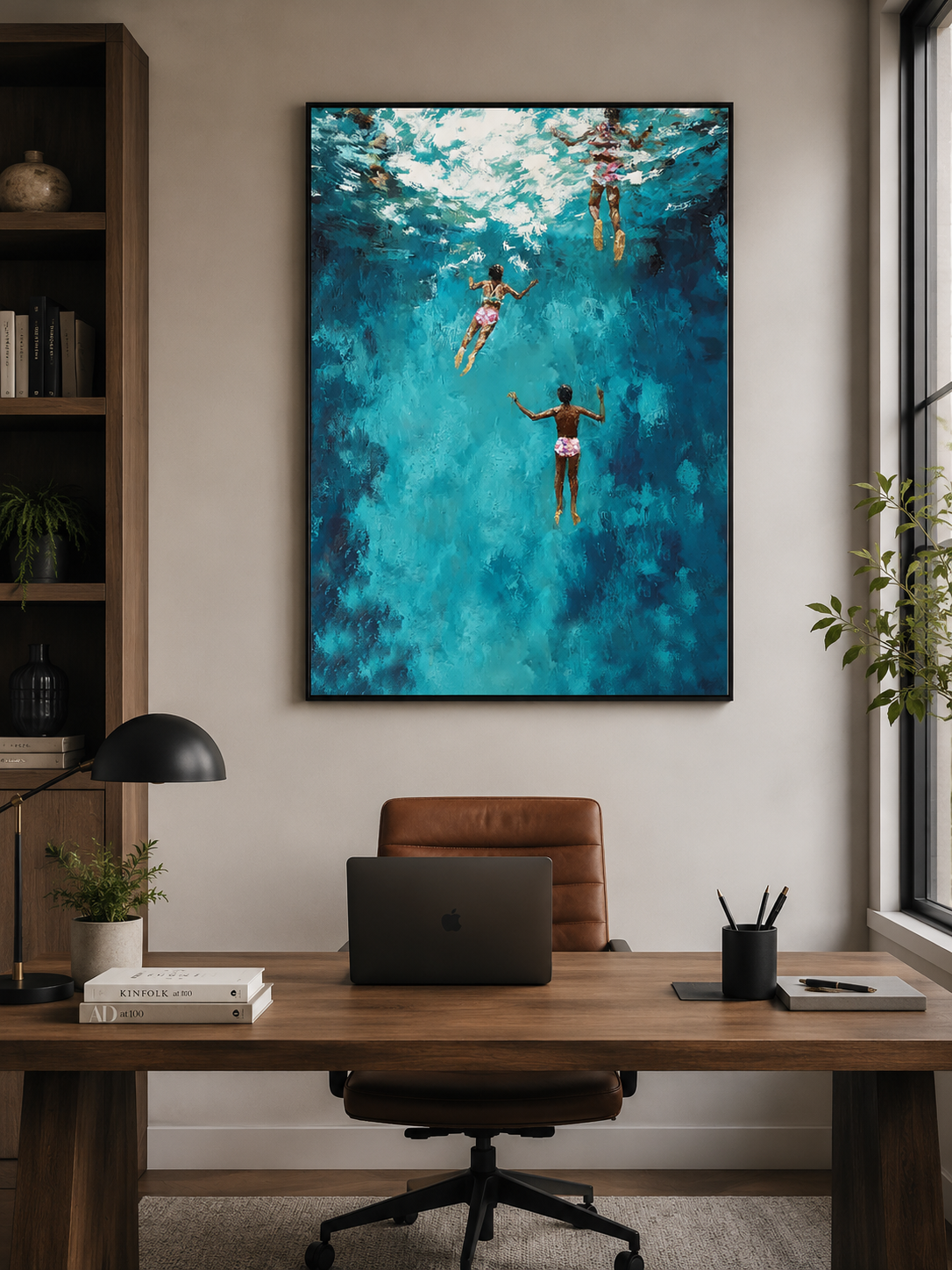 Large Blue Ocean Painting For Coastal Living Room With Figurative Swimmers And Textured Waves