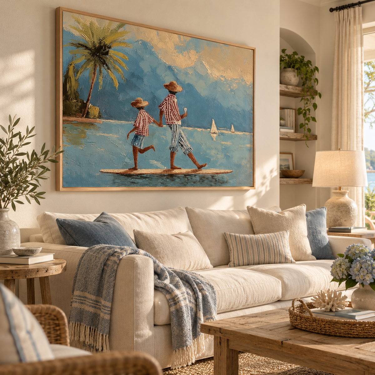 Whimsical Paddleboard Canvas Art, Mediterranean Water Walking Wall Decor, Retro Coastal Nautical Painting