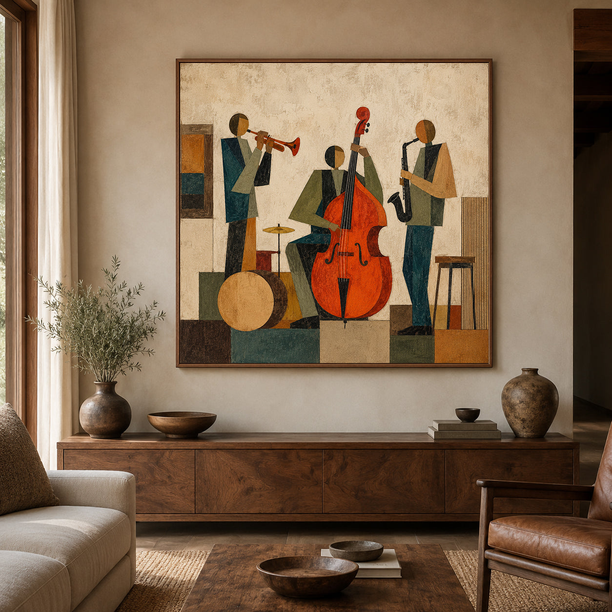 Abstract Jazz Band Painting With Double Bass For Modern Living Room Decor