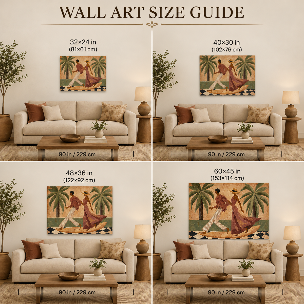 Dancing Couple Canvas Painting With Tropical Palms And Olive Green Tones