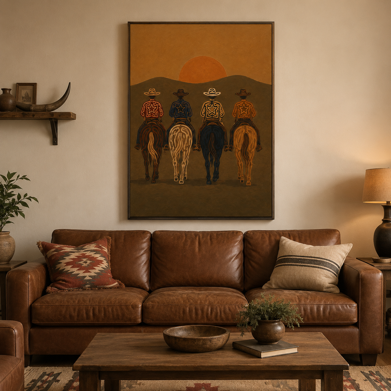 Cowboys At Sunset Painting, Western Horse Riders, Southwestern Desert Landscape Art For Living Room
