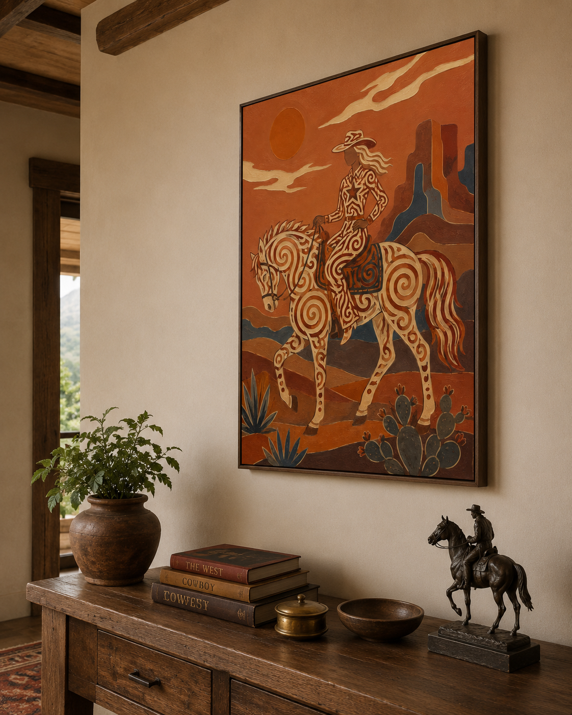 Southwestern Cowgirl Painting, Desert Horse, Canyon Folk Wall Art, Rustic Ranch Decor