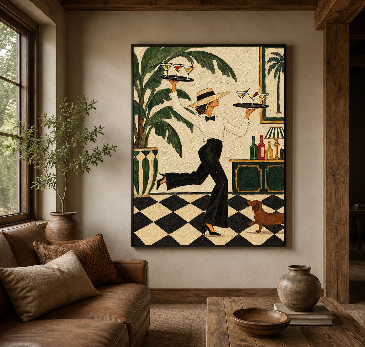 Vintage Waitress With Cocktails Art Deco Canvas Painting For Home Bar Decor