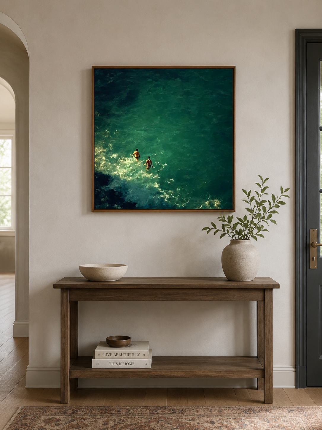 Emerald Green Ocean Painting Impressionist Swimmers Vintage Coastal Canvas Art For Living Room
