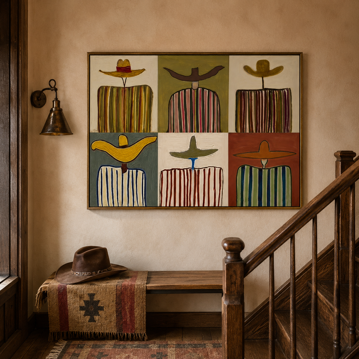 Retro Folk Art Painting With Striped Figures And Wide Brim Hats For Eclectic Home Decor