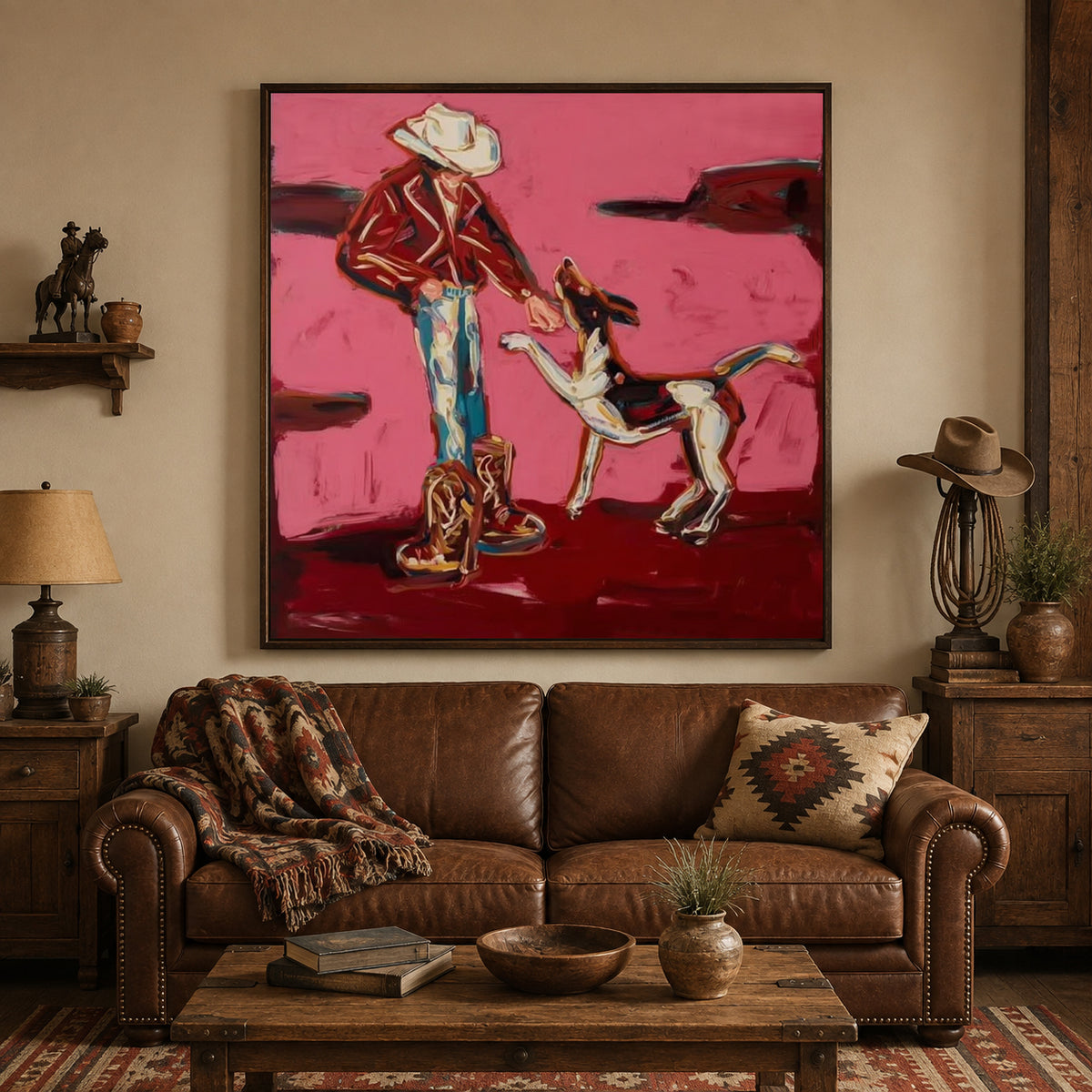 Hand-Painted Cowboy And Dog Canvas Painting In Pink Red Tones Whimsical Puppy Painting