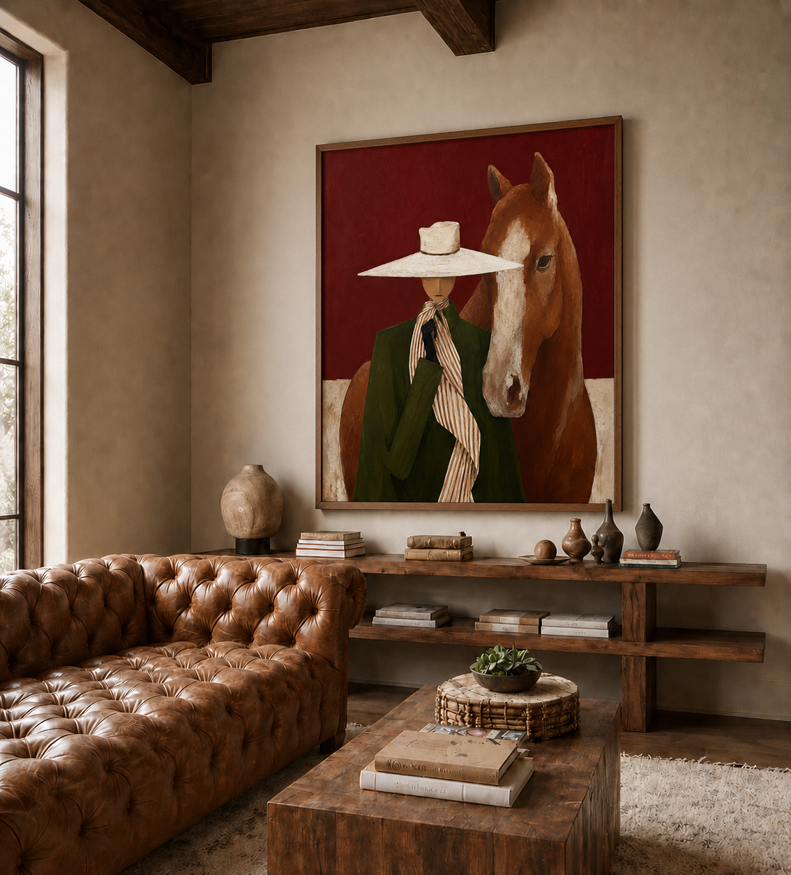 Modern Figurative Oil Painting Of Lady In Hat And Horse Unique Wall Art For Entryway And Hallway