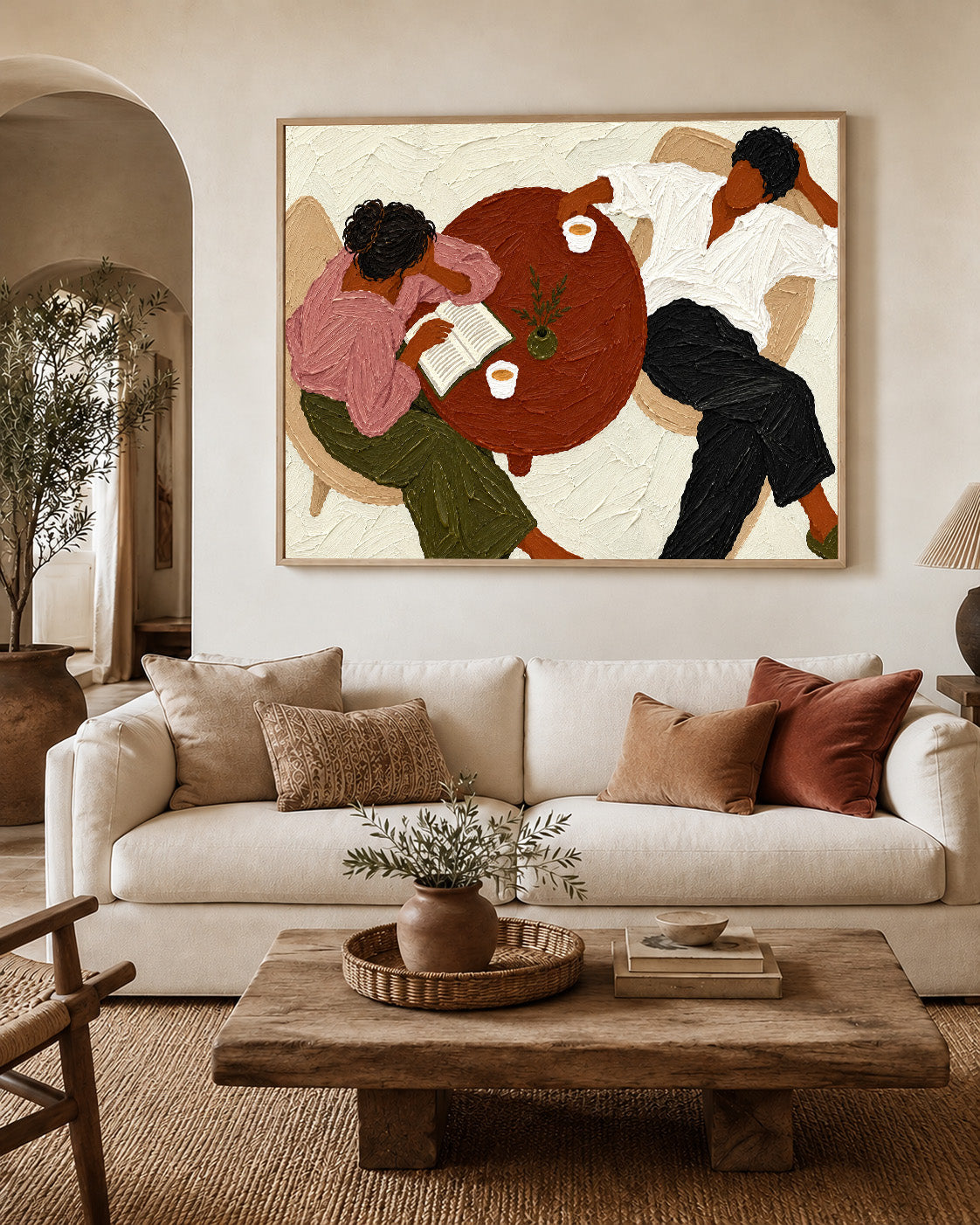 Lazy Sunday Couple Oil Painting, Cozy Reading Wall Art, Neutral Textured Figurative Canvas
