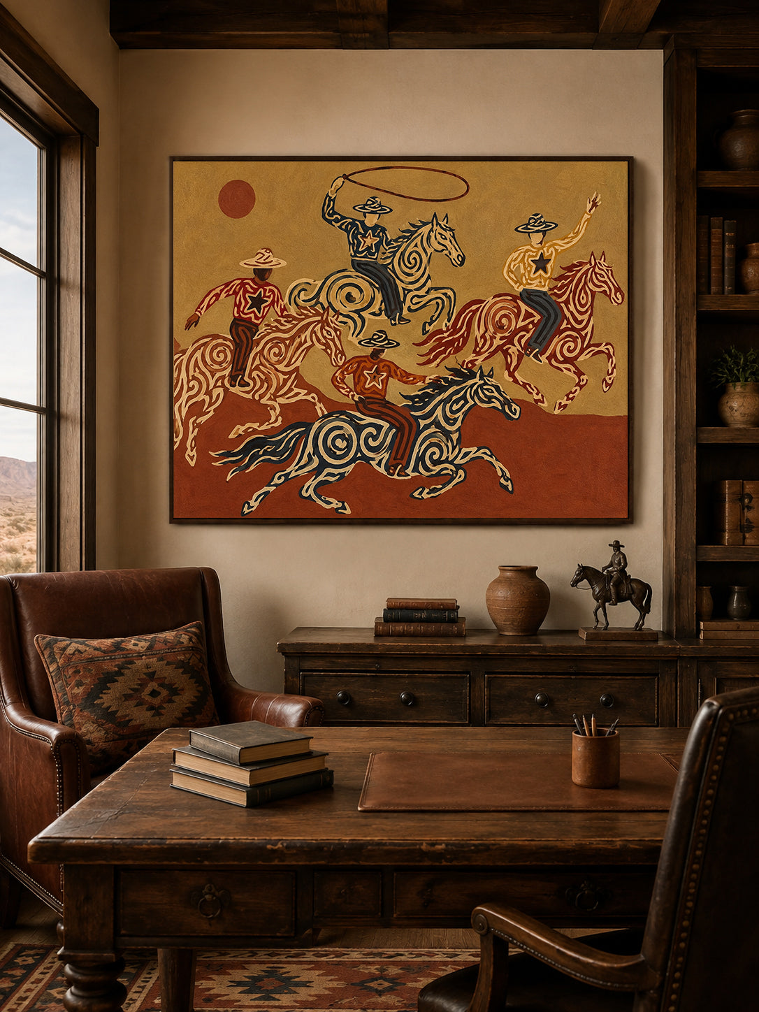 Cowboy And Horse Canvas Painting With Lasso For Western Home Decor