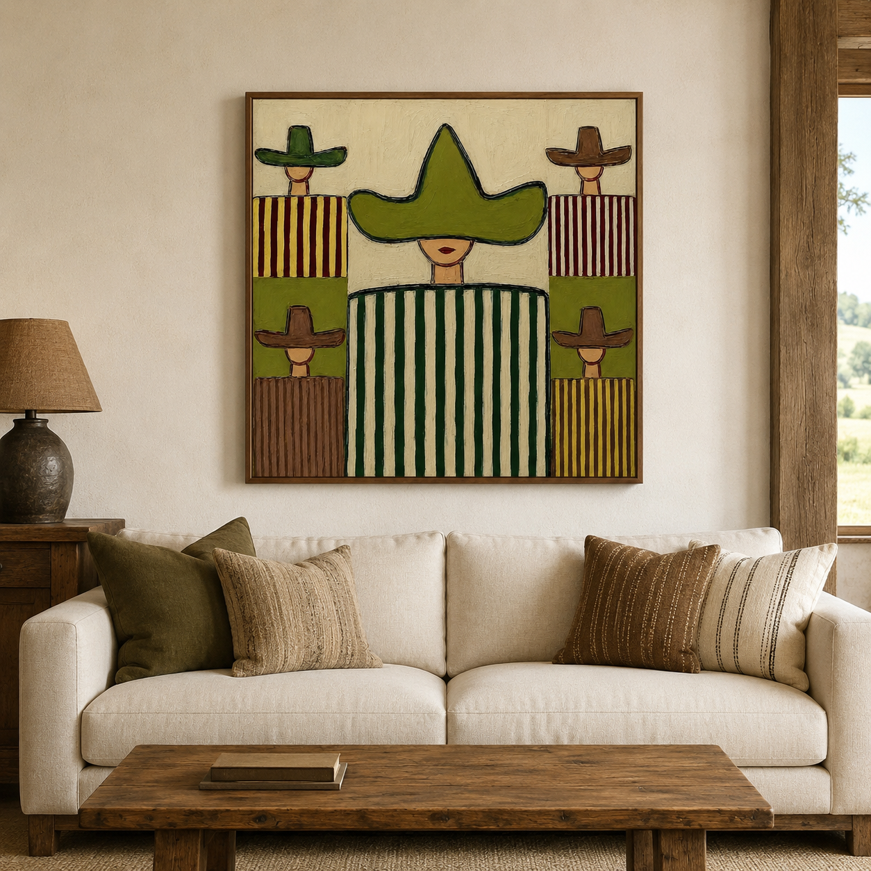 Abstract Figurative Oil Painting With Sombrero Motif In Olive Green And Brown Tones For Modern Wall Decor