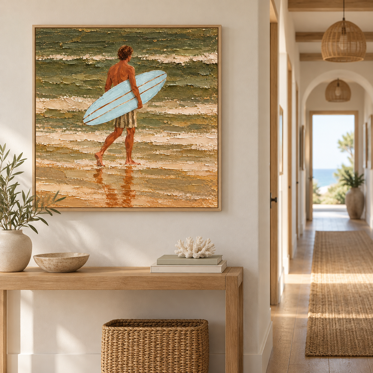 Blue Surfboard Canvas Art, Heavy Impasto Ocean Waves Painting, Coastal Beach House Wall Decor