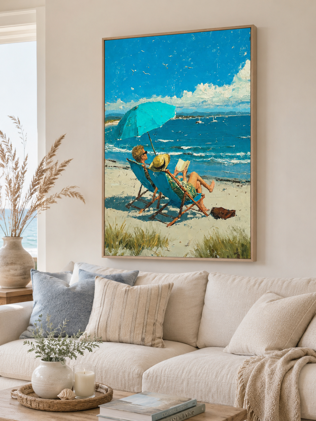 Original Beach Scene Oil Painting With Blue Sea And Umbrella For Coastal Living Room Wall Decor