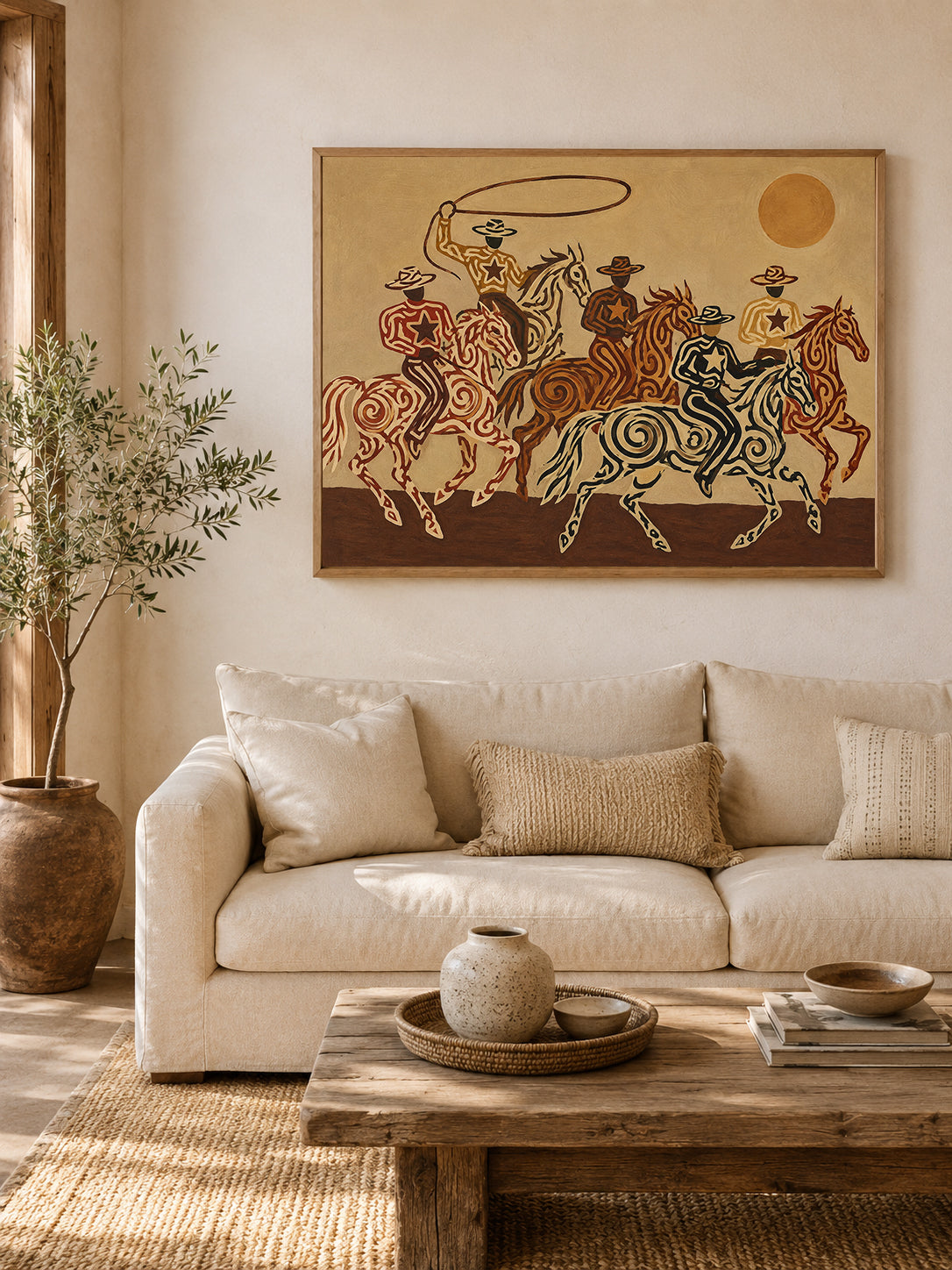 Cowboy And Horse Canvas Painting Hand-Painted Western Art In Brown Tones