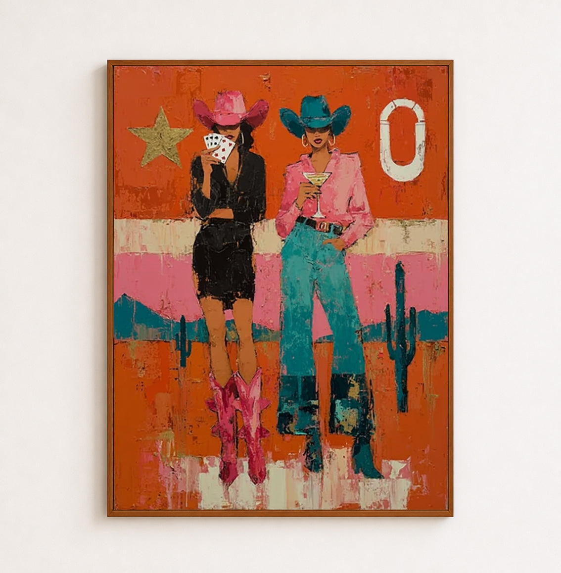 Vibrant Pop Art Painting Of Two Women In Cowboy Hats Unique Wall Decor