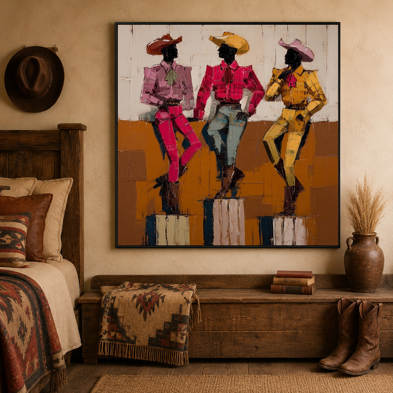 Hand-Painted Cowboy Group Canvas Art In Vintage Pink Yellow Blue Tones For Western Home Decor
