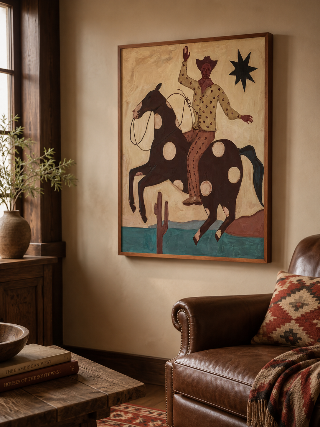 Figurative Cowboy Painting With Spotted Horse And Desert Landscape In Retro Vintage Style