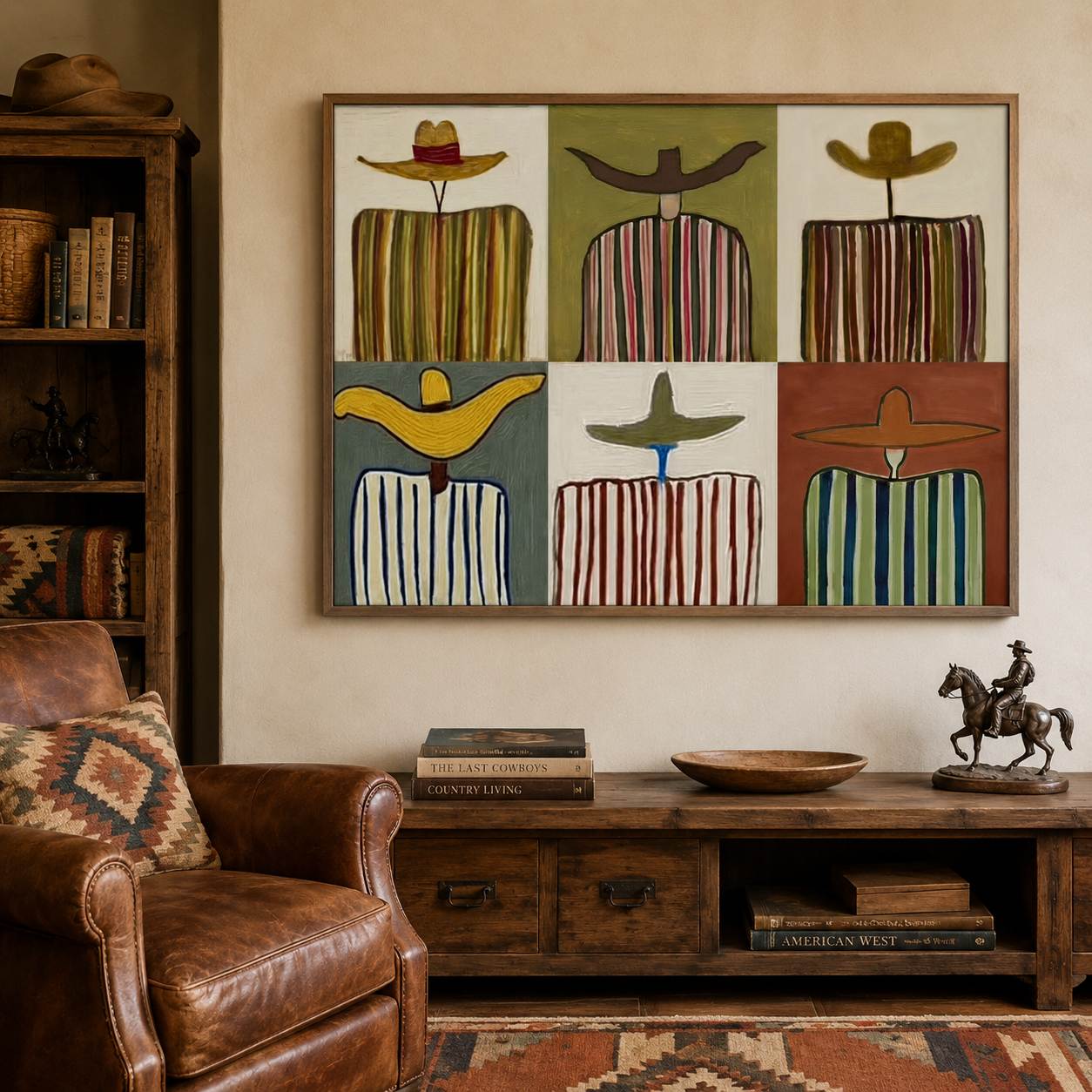 Retro Folk Art Painting With Striped Figures And Wide Brim Hats For Eclectic Home Decor