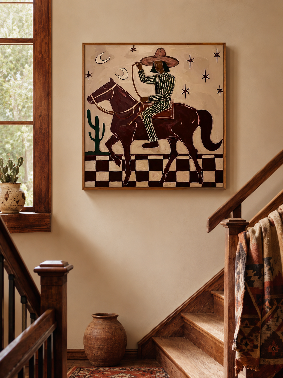 Figurative Horse And Rider Painting With Checkerboard Ground In Earth Tones