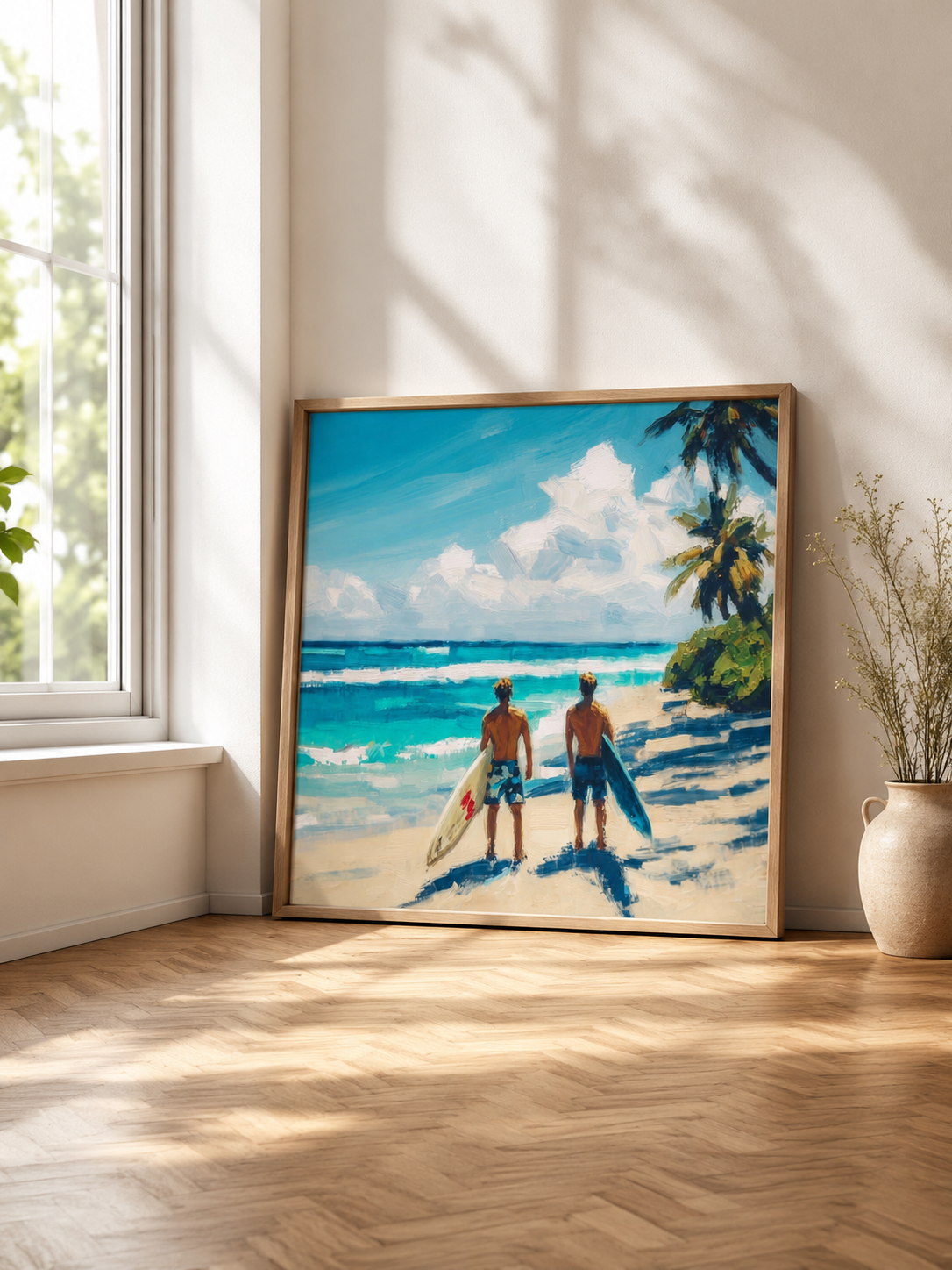 Vintage Tropical Surf Painting For Living Room With Textured Ocean Waves And Palm Trees