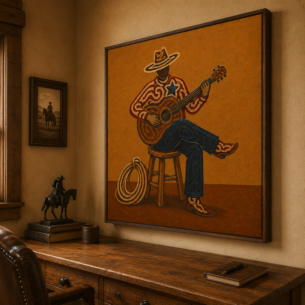 Cowboy Playing Guitar Art , Western Music Wall Art, Country Music Decor Painting, American Folk Art Style