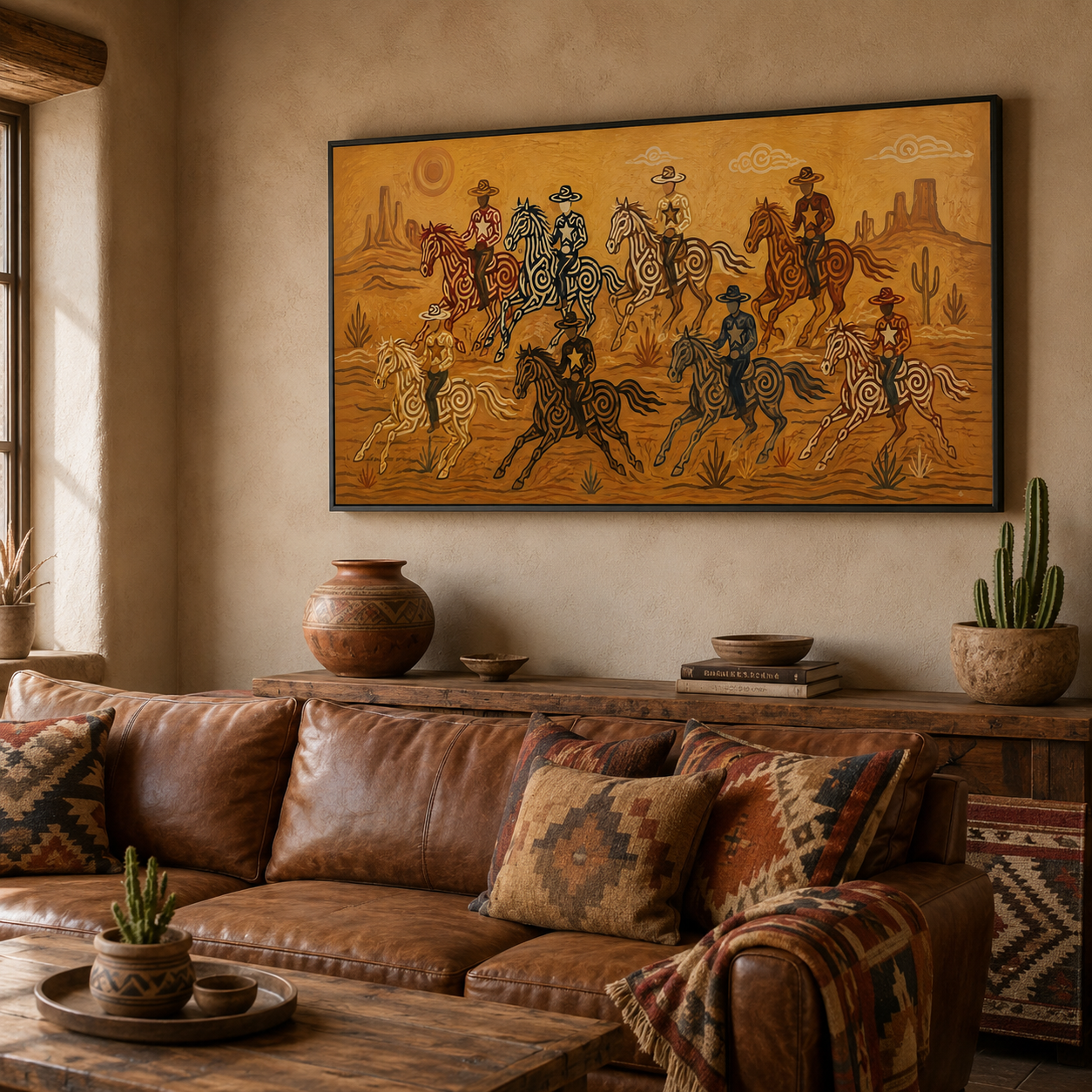 Panoramic Desert Cowboy Painting, Southwestern Horse Riders, Arizona Western Landscape Art