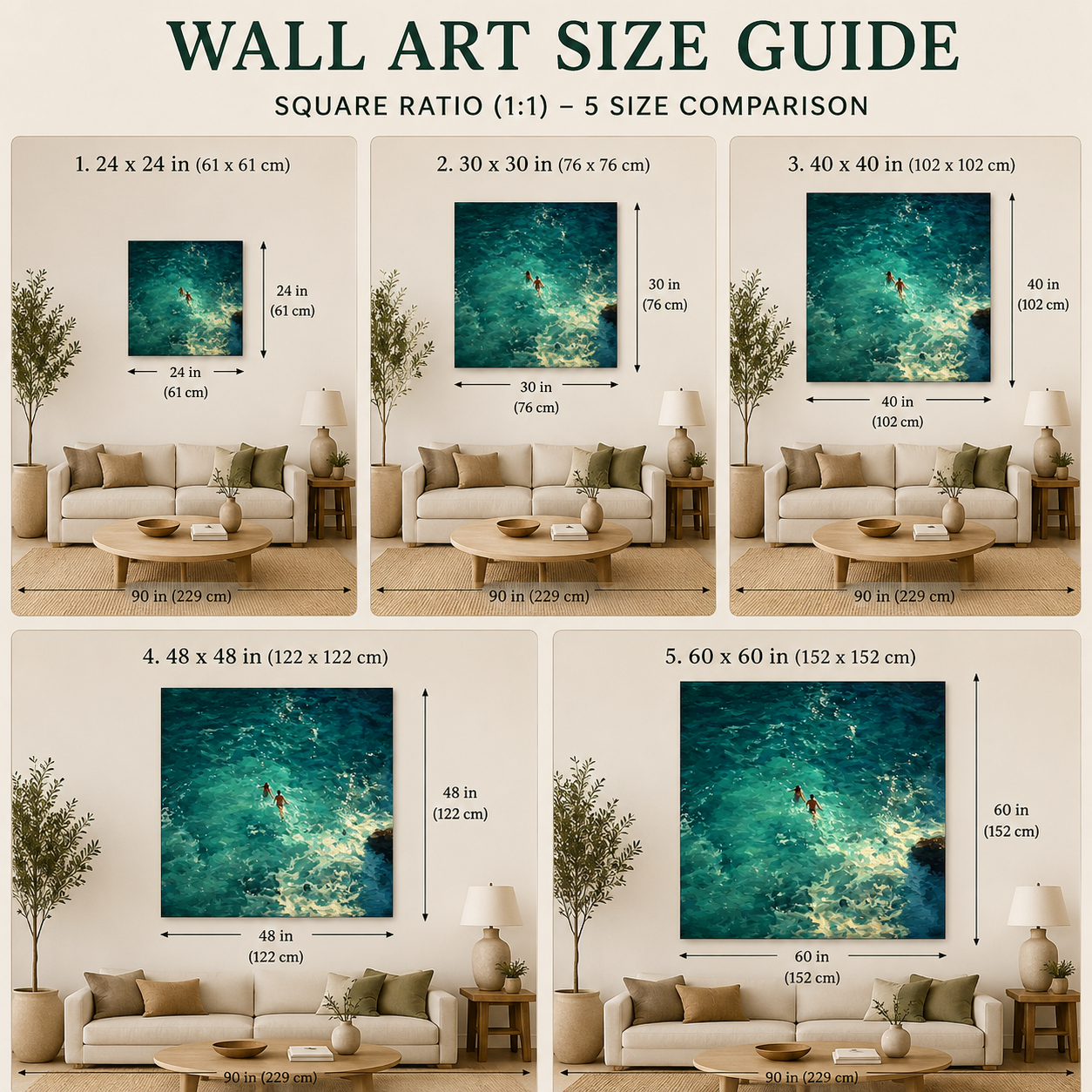 Emerald Ocean Swimmers Square Canvas Art For Beach House Wall Decor