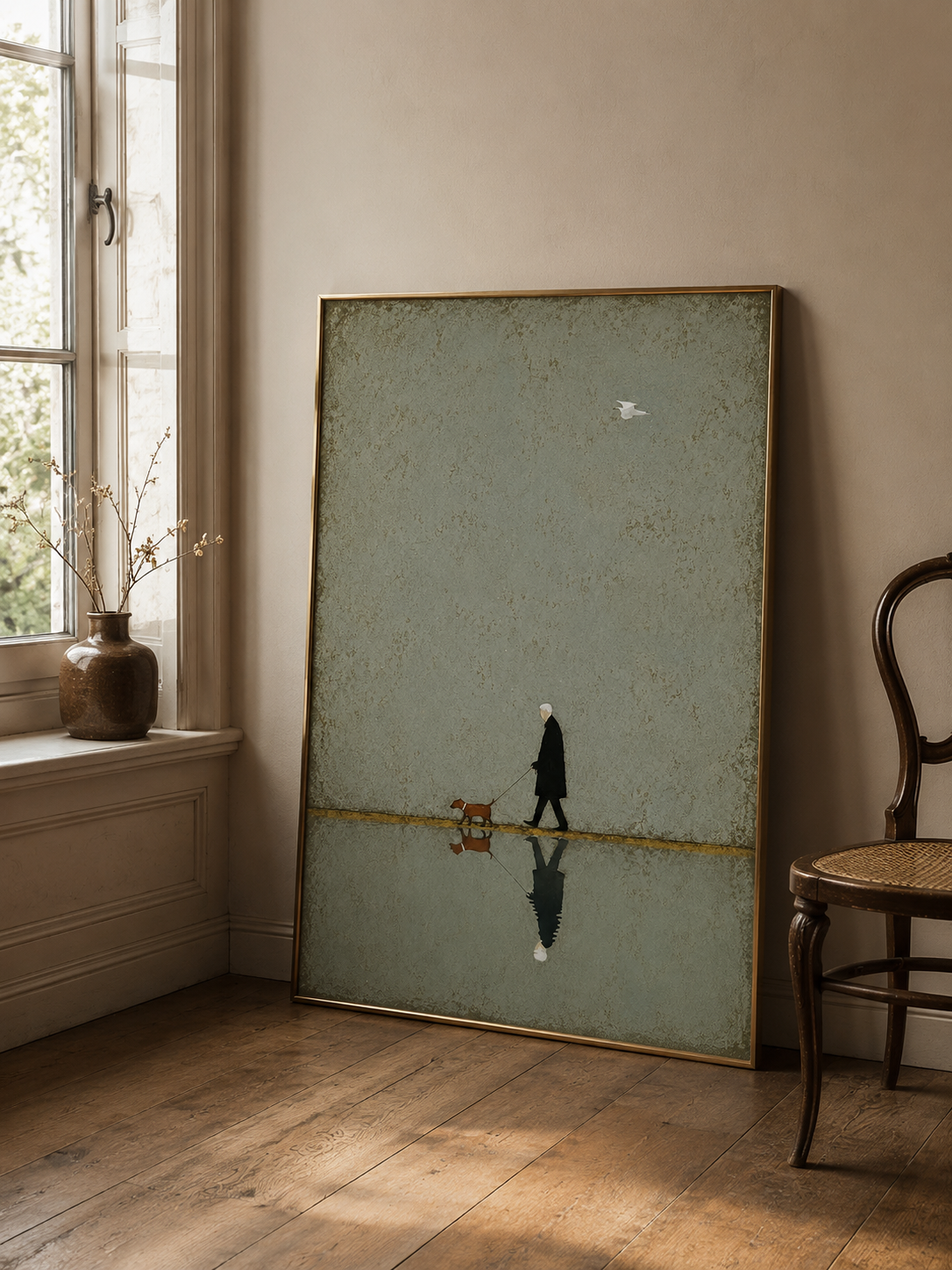 Abstract Figurative Painting Of Owner And Pet In Square Format With Sage Green Tones For Office