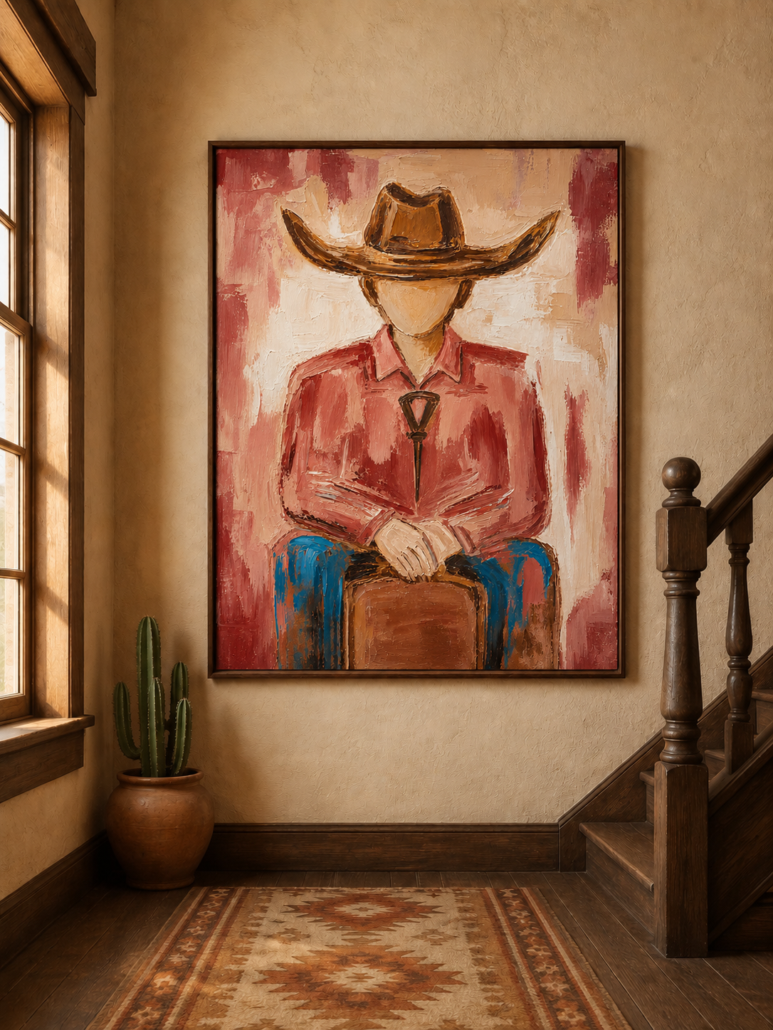 Cowboy Portrait Canvas Painting With Red Shirt And Hat Original Hand-Painted Wall Art