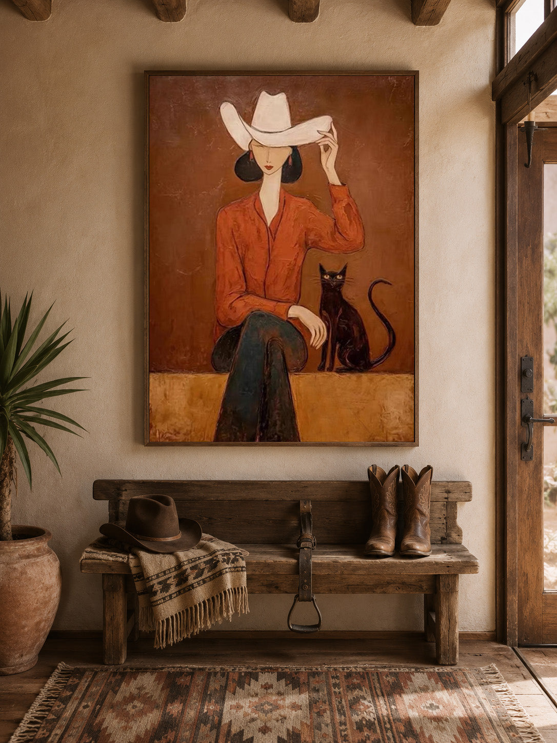 Modern Western Woman Oil Painting With Black Cat In Earthy Tones For Living Room Decor