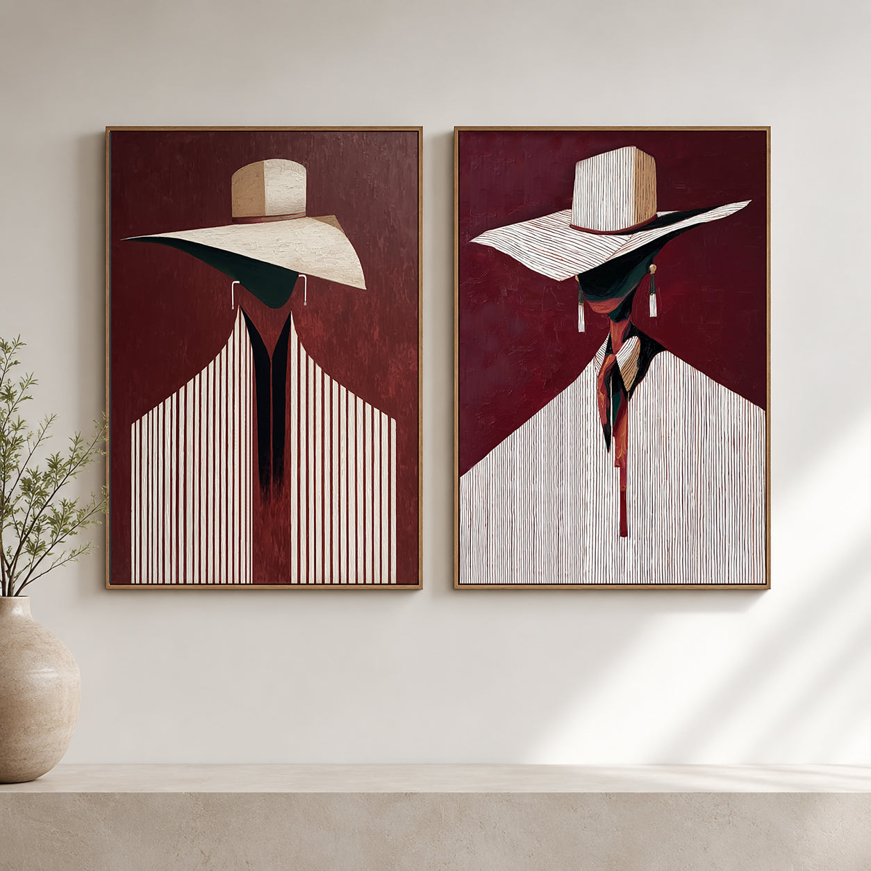 Modern Abstract Figure Painting With Hats Deep Red Background Diptych For Hallway