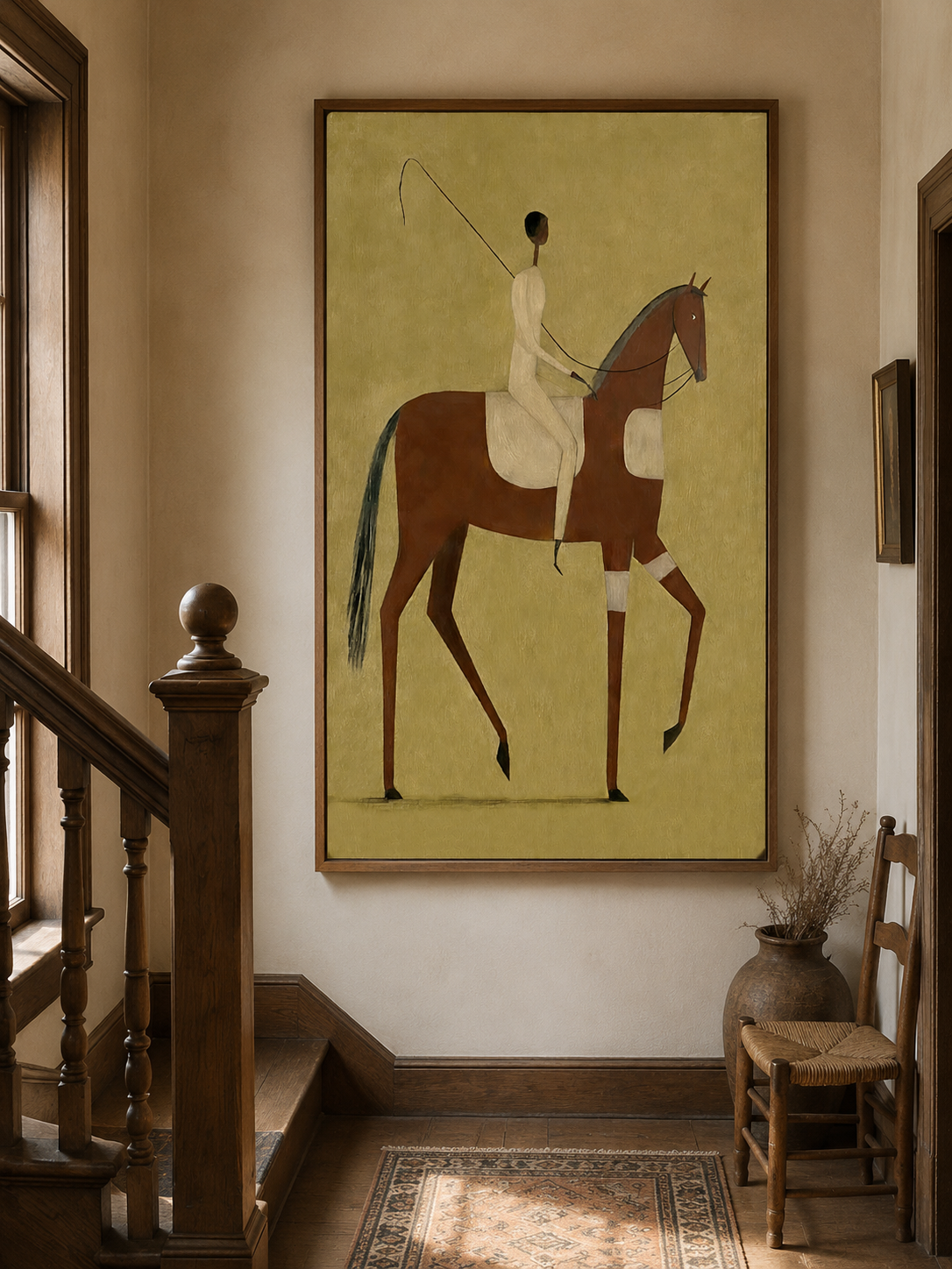 Wabi Sabi Style Rider On Horse Art Original Oil Painting With Olive Background