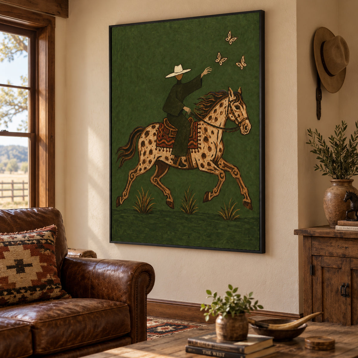 Cowboy And Spotted Horse Canvas Painting With Butterflies In Green