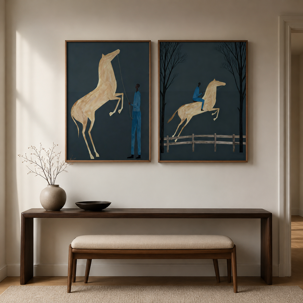 Minimalist Horse Painting Set Deep Blue Background Modern Wall Art For Living Room